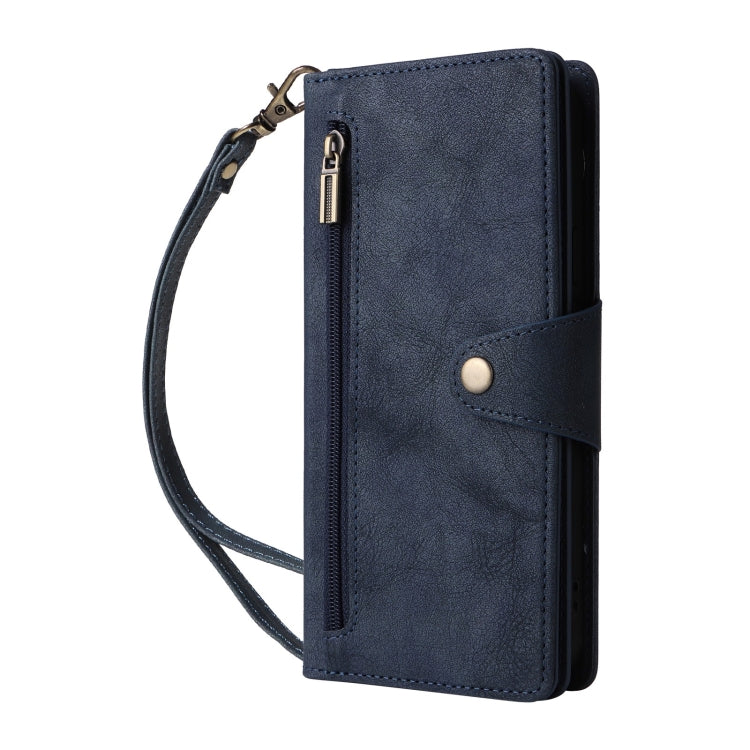 For Google Pixel 9 Rivet Buckle 9 Cards Three Fold Leather Phone Case(Blue) - Google Cases by PMC Jewellery | Online Shopping South Africa | PMC Jewellery | Buy Now Pay Later Mobicred