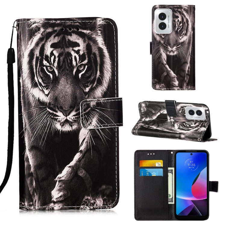 For Motorola Moto G Play 4G 2024 Colored Drawing Pattern Plain Weave Leather Phone Case(Black And White Tiger) - Motorola Cases by PMC Jewellery | Online Shopping South Africa | PMC Jewellery | Buy Now Pay Later Mobicred
