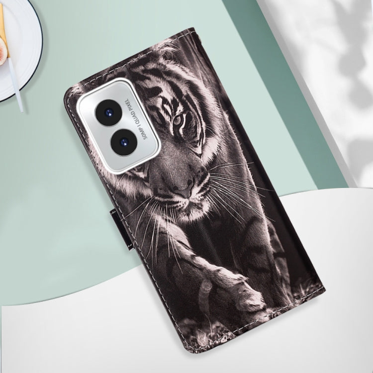 For Motorola Moto G Play 4G 2024 Colored Drawing Pattern Plain Weave Leather Phone Case(Black And White Tiger) - Motorola Cases by PMC Jewellery | Online Shopping South Africa | PMC Jewellery | Buy Now Pay Later Mobicred