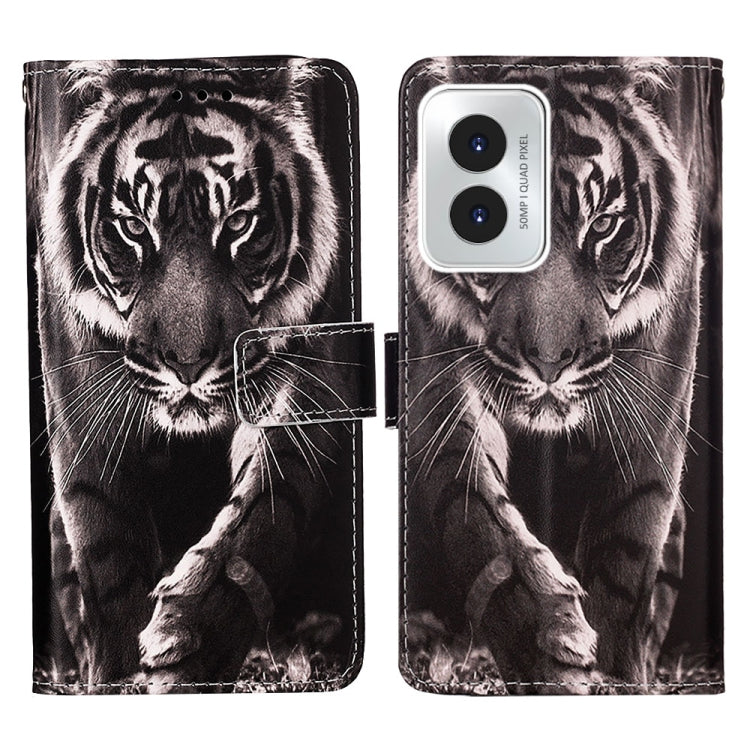 For Motorola Moto G Play 4G 2024 Colored Drawing Pattern Plain Weave Leather Phone Case(Black And White Tiger) - Motorola Cases by PMC Jewellery | Online Shopping South Africa | PMC Jewellery | Buy Now Pay Later Mobicred