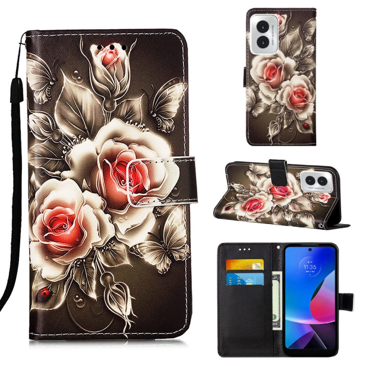 For Motorola Moto G Play 4G 2024 Colored Drawing Pattern Plain Weave Leather Phone Case(Roses On Black) - Motorola Cases by PMC Jewellery | Online Shopping South Africa | PMC Jewellery | Buy Now Pay Later Mobicred