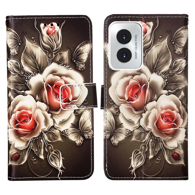 For Motorola Moto G Play 4G 2024 Colored Drawing Pattern Plain Weave Leather Phone Case(Roses On Black) - Motorola Cases by PMC Jewellery | Online Shopping South Africa | PMC Jewellery | Buy Now Pay Later Mobicred