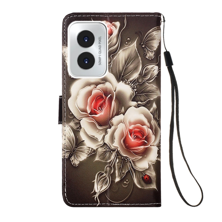 For Motorola Moto G Play 4G 2024 Colored Drawing Pattern Plain Weave Leather Phone Case(Roses On Black) - Motorola Cases by PMC Jewellery | Online Shopping South Africa | PMC Jewellery | Buy Now Pay Later Mobicred