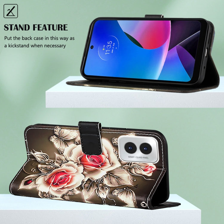 For Motorola Moto G Play 4G 2024 Colored Drawing Pattern Plain Weave Leather Phone Case(Roses On Black) - Motorola Cases by PMC Jewellery | Online Shopping South Africa | PMC Jewellery | Buy Now Pay Later Mobicred