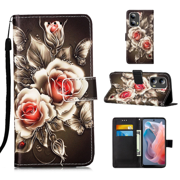 For Motorola Moto G Play 5G 2024 Colored Drawing Pattern Plain Weave Leather Phone Case(Roses On Black) - Motorola Cases by PMC Jewellery | Online Shopping South Africa | PMC Jewellery | Buy Now Pay Later Mobicred