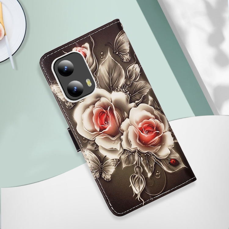 For Motorola Moto G Play 5G 2024 Colored Drawing Pattern Plain Weave Leather Phone Case(Roses On Black) - Motorola Cases by PMC Jewellery | Online Shopping South Africa | PMC Jewellery | Buy Now Pay Later Mobicred