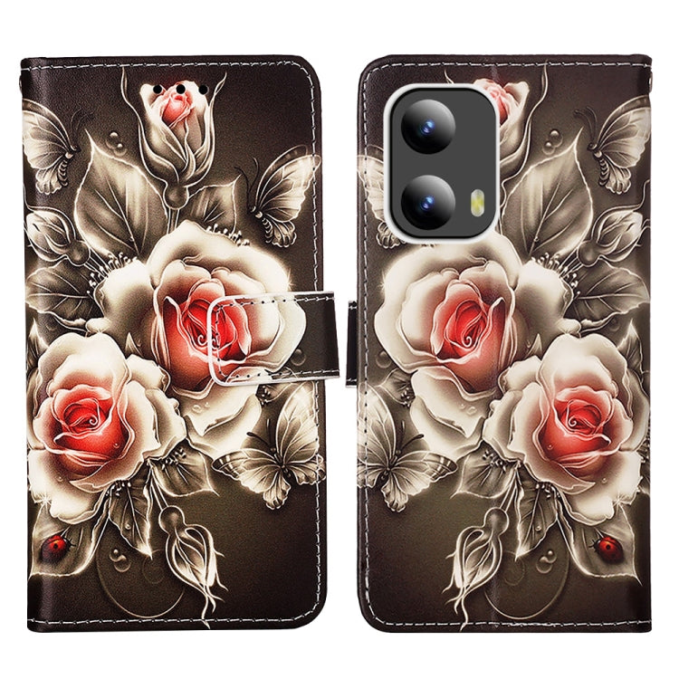 For Motorola Moto G Play 5G 2024 Colored Drawing Pattern Plain Weave Leather Phone Case(Roses On Black) - Motorola Cases by PMC Jewellery | Online Shopping South Africa | PMC Jewellery | Buy Now Pay Later Mobicred