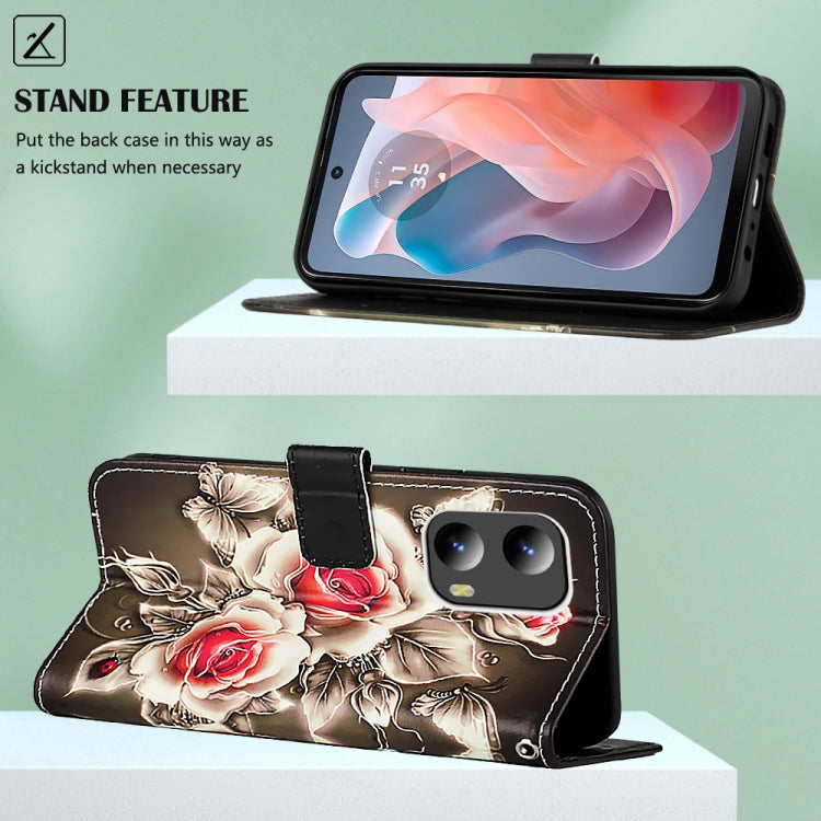 For Motorola Moto G Play 5G 2024 Colored Drawing Pattern Plain Weave Leather Phone Case(Roses On Black) - Motorola Cases by PMC Jewellery | Online Shopping South Africa | PMC Jewellery | Buy Now Pay Later Mobicred