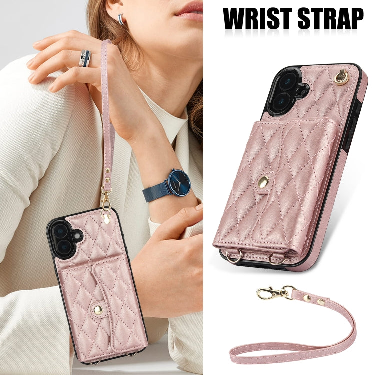 For iPhone 16 Plus Crossbody Rhombic Horizontal Wallet Leather Phone Case(Rose Gold) - iPhone 16 Plus Cases by PMC Jewellery | Online Shopping South Africa | PMC Jewellery | Buy Now Pay Later Mobicred