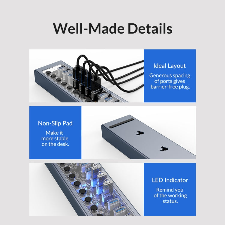 ORICO AT2U3-16AB-GY-BP 16 Ports USB 3.0 HUB with Individual Switches & Blue LED Indicator(US Plug) - USB 3.0 HUB by ORICO | Online Shopping South Africa | PMC Jewellery | Buy Now Pay Later Mobicred