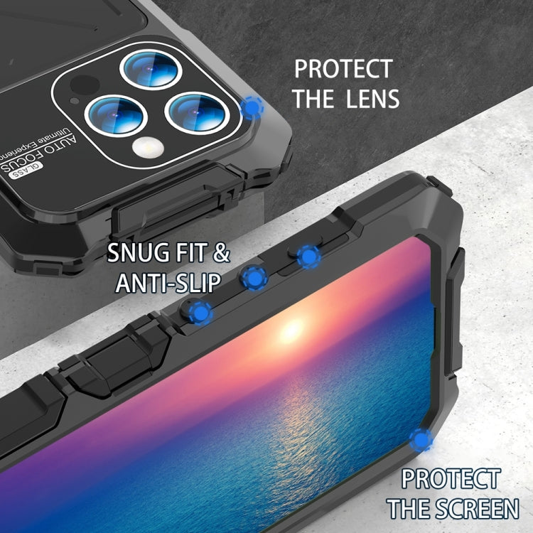 For iPhone 15 Pro Max R-JUST Metal + Silicone + Tempered Glass Life Waterproof Phone Case with Holder(Black) - iPhone 15 Pro Max Cases by R-JUST | Online Shopping South Africa | PMC Jewellery