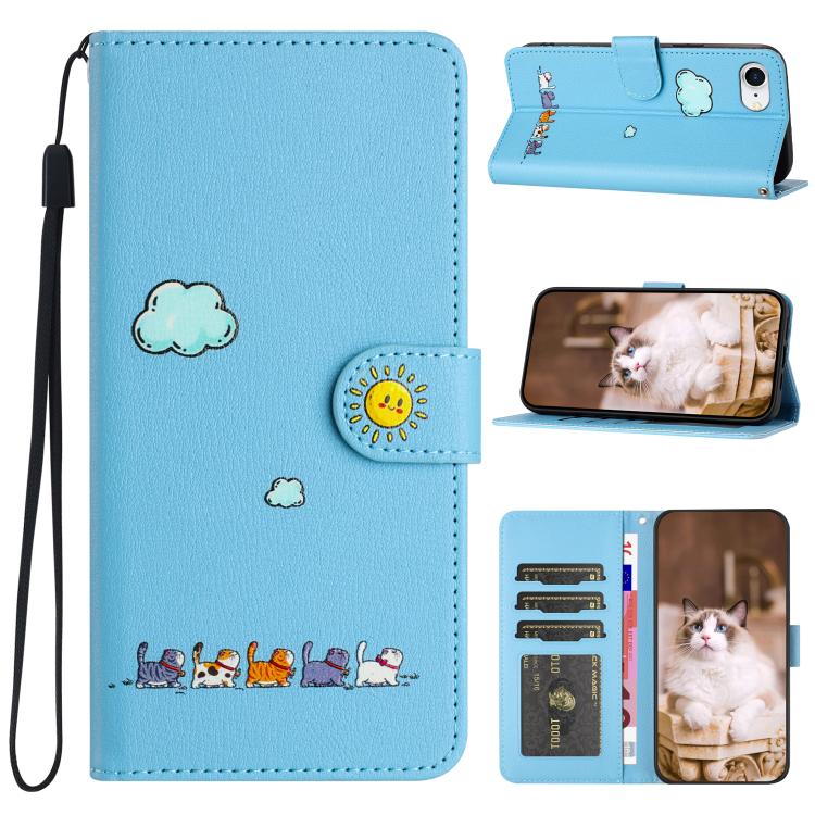 For iPhone 16e Cartoon Cats Leather Phone Case(Blue) - iPhone 16e Cases by PMC TechLife | Online Shopping South Africa | PMC TechLife | Buy Now Pay Later Mobicred
