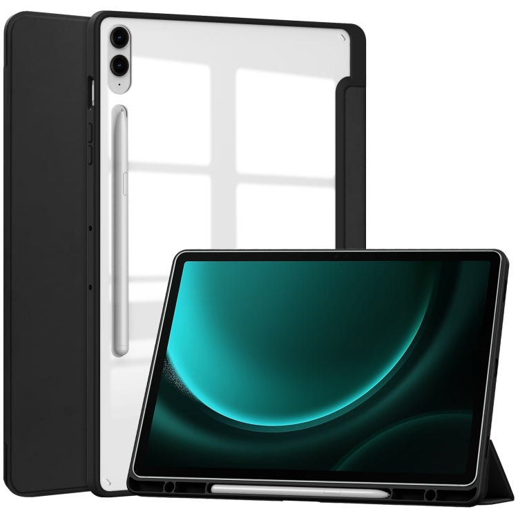For Samsung Galaxy Tab S9 FE+ Acrylic 3-folding Smart Leather Tablet Case with Pen Slot(Black) - Galaxy Tab S9 FE+ by PMC TechLife | Online Shopping South Africa | PMC TechLife