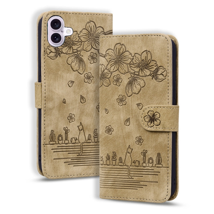 For iPhone 16 Plus Cartoon Sakura Cat Embossed Leather Phone Case(Brown) - iPhone 16 Plus Cases by PMC Jewellery | Online Shopping South Africa | PMC Jewellery | Buy Now Pay Later Mobicred