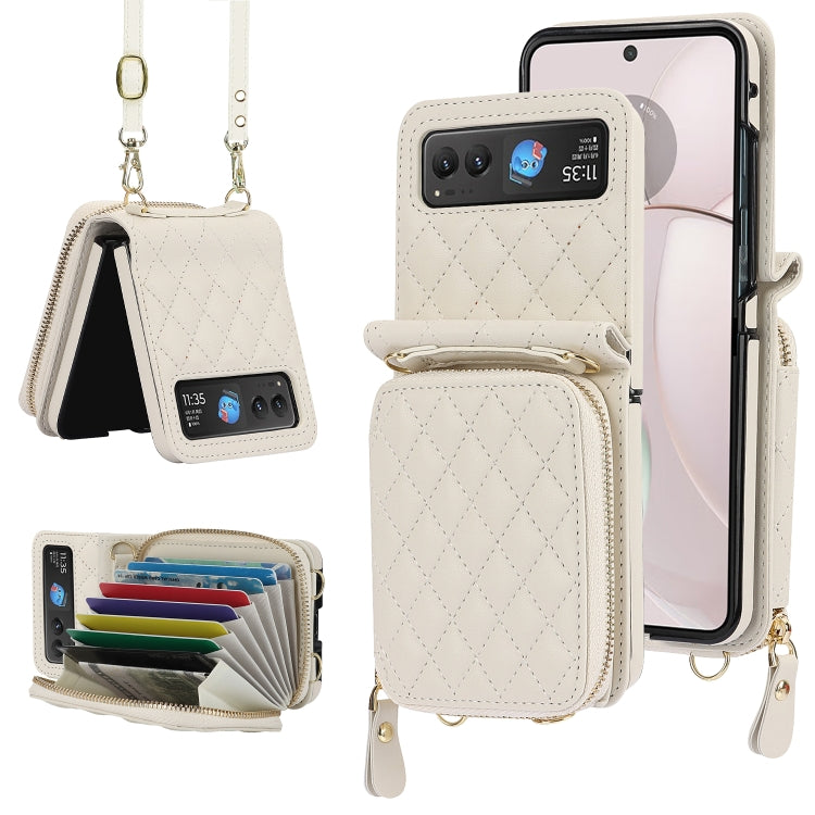 For Motorola Razr 40 Rhombic Texture Card Bag Phone Case with Dual Lanyard(White) - Motorola Cases by PMC TechLife | Online Shopping South Africa | PMC TechLife | Buy Now Pay Later Mobicred