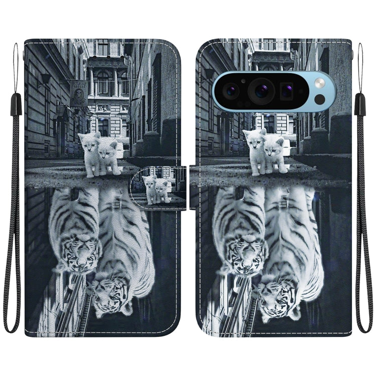 For Google Pixel 9 Pro Crystal Texture Colored Drawing Leather Phone Case(Cat Tiger Reflection) - Google Cases by PMC TechLife | Online Shopping South Africa | PMC TechLife | Buy Now Pay Later Mobicred