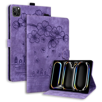 For iPad Pro 13 2024 Cartoon Sakura Cat Embossed Smart Leather Tablet Case(Purple) - iPad Pro 13 2024 Cases by PMC Jewellery | Online Shopping South Africa | PMC Jewellery | Buy Now Pay Later Mobicred