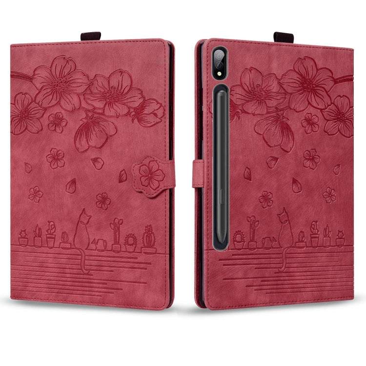 For Samsung Galaxy Tab S9+ /S8+ /S7+ Cartoon Sakura Cat Embossed Smart Leather Tablet Case(Red) - Galaxy Tab S9+ Cases by PMC Jewellery | Online Shopping South Africa | PMC Jewellery | Buy Now Pay Later Mobicred