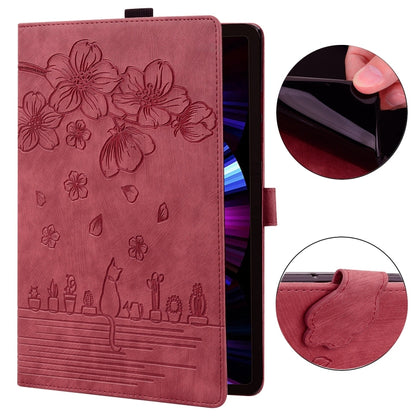 For Samsung Galaxy Tab S9 /S8 /S7 Cartoon Sakura Cat Embossed Smart Leather Tablet Case(Red) - Galaxy Tab S9 Cases by PMC Jewellery | Online Shopping South Africa | PMC Jewellery | Buy Now Pay Later Mobicred