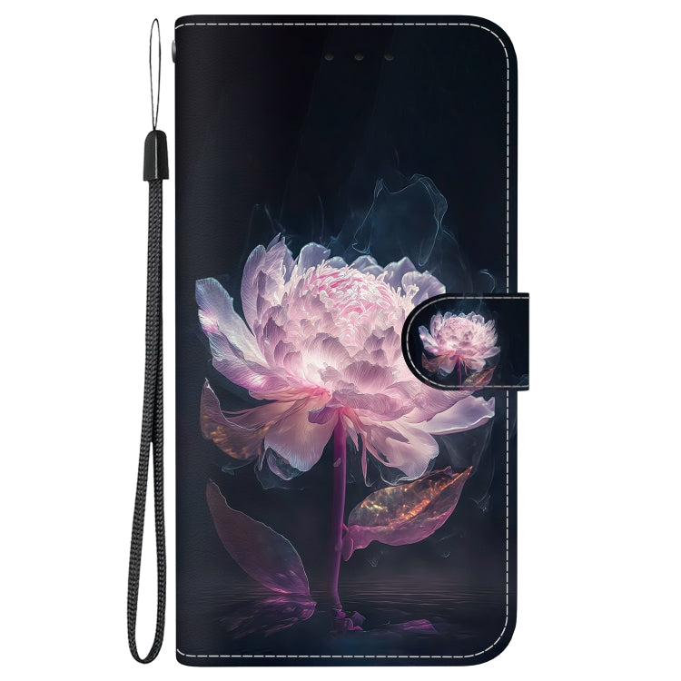 For iPhone 16e Crystal Texture Colored Drawing Leather Phone Case(Purple Peony) - iPhone 16e Cases by PMC TechLife | Online Shopping South Africa | PMC TechLife | Buy Now Pay Later Mobicred