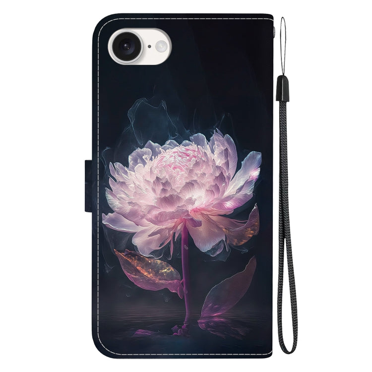 For iPhone 16e Crystal Texture Colored Drawing Leather Phone Case(Purple Peony) - iPhone 16e Cases by PMC TechLife | Online Shopping South Africa | PMC TechLife | Buy Now Pay Later Mobicred