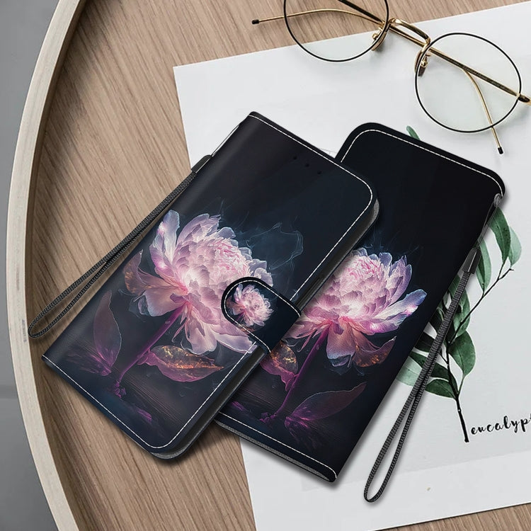 For iPhone 16 Pro Max Crystal Texture Colored Drawing Leather Phone Case(Purple Peony) - iPhone 16 Pro Max Cases by PMC TechLife | Online Shopping South Africa | PMC TechLife | Buy Now Pay Later Mobicred