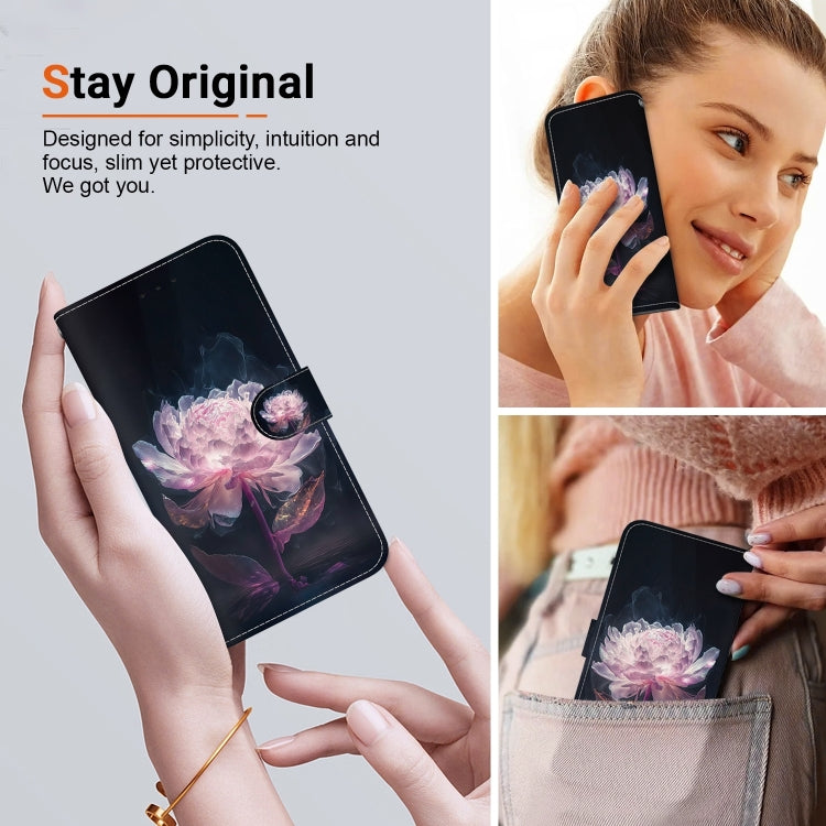 For iPhone 16 Pro Max Crystal Texture Colored Drawing Leather Phone Case(Purple Peony) - iPhone 16 Pro Max Cases by PMC TechLife | Online Shopping South Africa | PMC TechLife | Buy Now Pay Later Mobicred