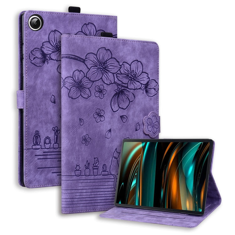 For Samsung Galaxy Tab A9 Cartoon Sakura Cat Embossed Leather Tablet Case(Purple) - Galaxy Tab A9 by PMC TechLife | Online Shopping South Africa | PMC TechLife