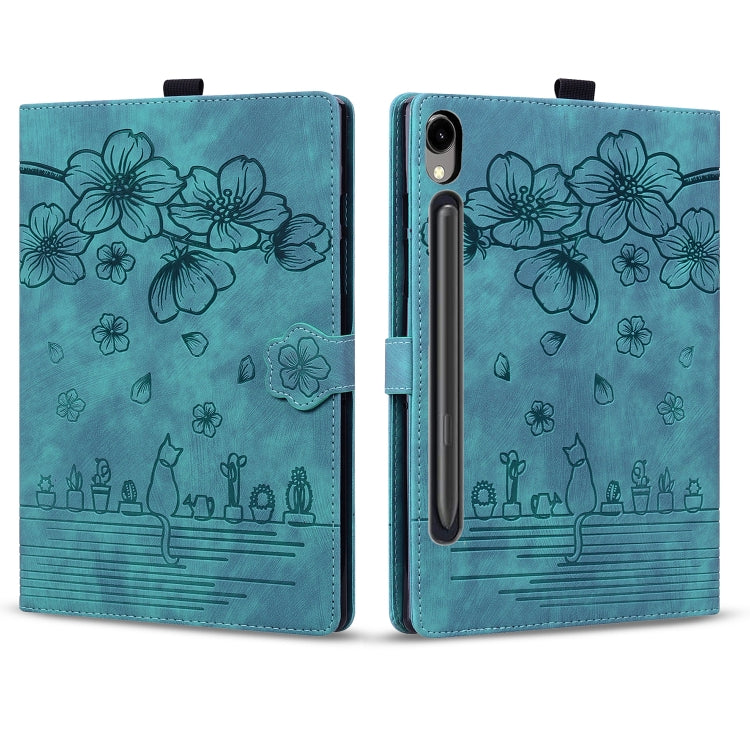 For Samsung Galaxy Tab S9 FE Cartoon Sakura Cat Embossed Leather Tablet Case(Green) - Galaxy Tab S9 FE by PMC Jewellery | Online Shopping South Africa | PMC Jewellery | Buy Now Pay Later Mobicred