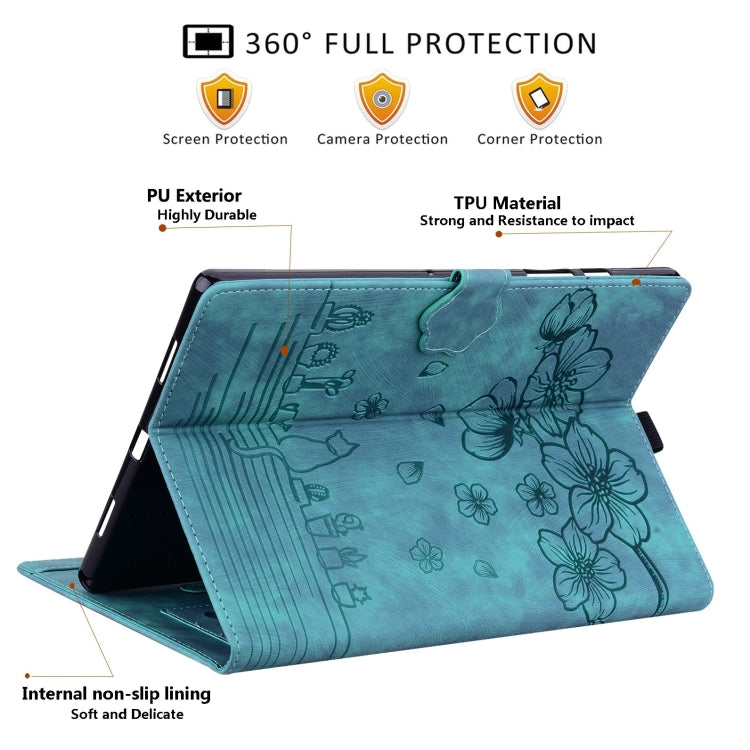 For Samsung Galaxy Tab S9 FE Cartoon Sakura Cat Embossed Leather Tablet Case(Green) - Galaxy Tab S9 FE by PMC Jewellery | Online Shopping South Africa | PMC Jewellery | Buy Now Pay Later Mobicred