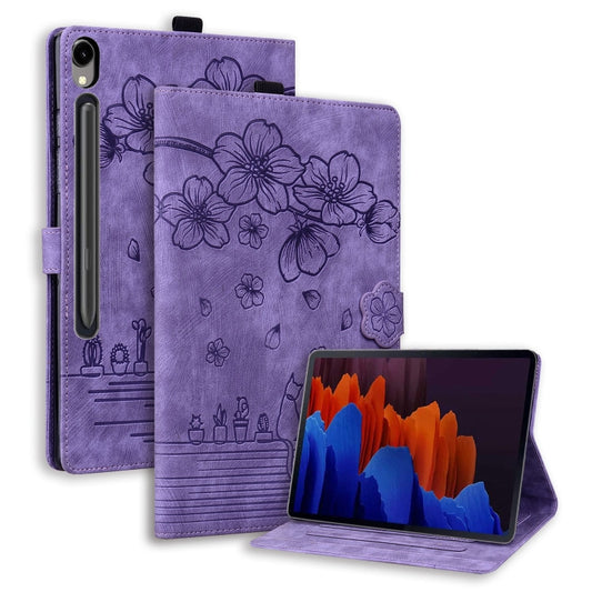 For Samsung Galaxy Tab S9 FE Cartoon Sakura Cat Embossed Leather Tablet Case(Purple) - Galaxy Tab S9 FE by PMC Jewellery | Online Shopping South Africa | PMC Jewellery | Buy Now Pay Later Mobicred