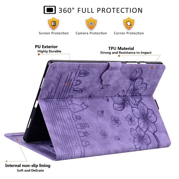 For Samsung Galaxy Tab S9 FE Cartoon Sakura Cat Embossed Leather Tablet Case(Purple) - Galaxy Tab S9 FE by PMC Jewellery | Online Shopping South Africa | PMC Jewellery | Buy Now Pay Later Mobicred