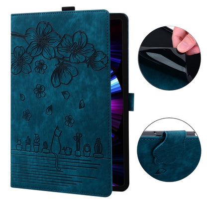 For Samsung Galaxy Tab S9 FE Cartoon Sakura Cat Embossed Leather Tablet Case(Blue) - Galaxy Tab S9 FE by PMC Jewellery | Online Shopping South Africa | PMC Jewellery | Buy Now Pay Later Mobicred