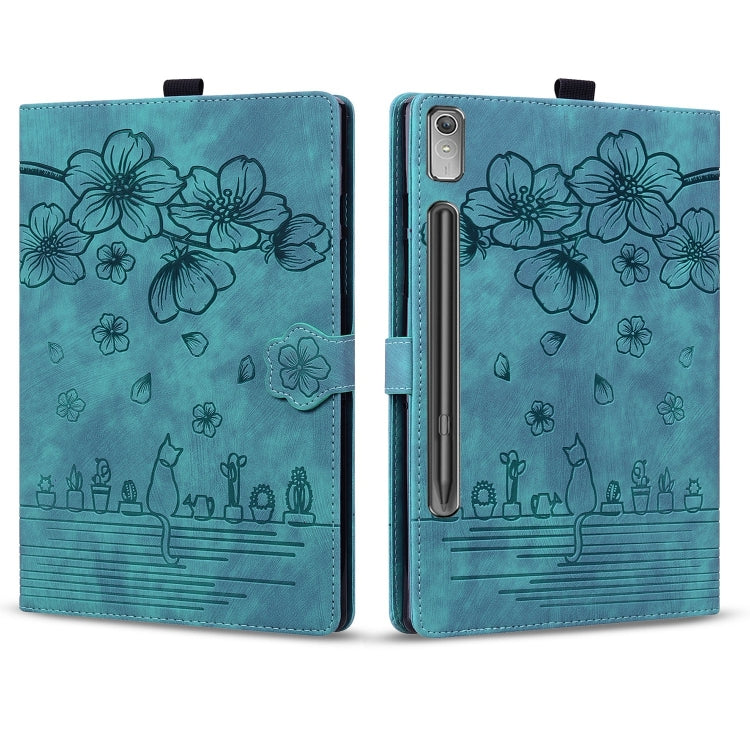 For Lenovo Tab P12 12.7 Cartoon Sakura Cat Embossed Leather Tablet Case(Green) - Lenovo by PMC TechLife | Online Shopping South Africa | PMC TechLife | Buy Now Pay Later Mobicred