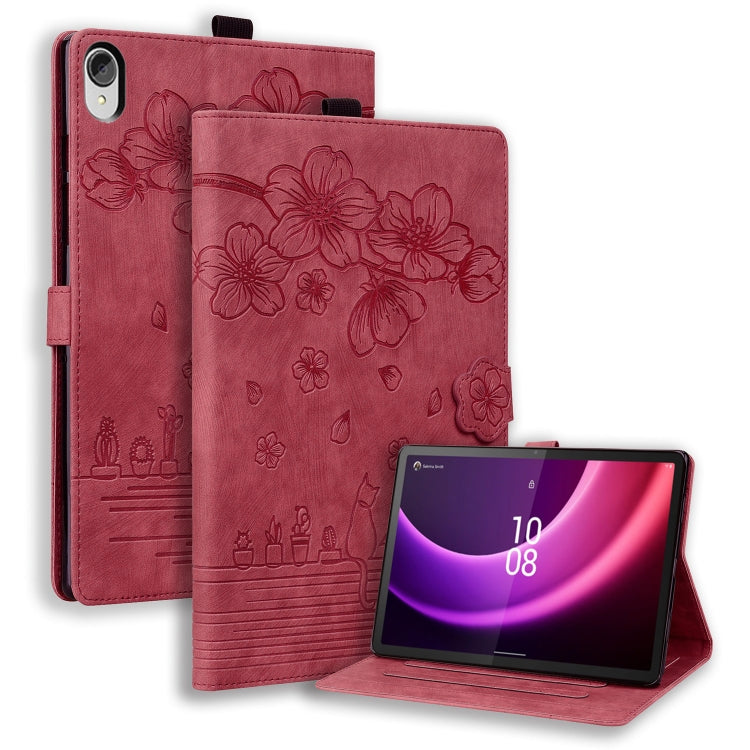 For Lenovo Tab P11 TB-J606F Cartoon Sakura Cat Embossed Leather Tablet Case(Red) - Lenovo by PMC TechLife | Online Shopping South Africa | PMC TechLife | Buy Now Pay Later Mobicred