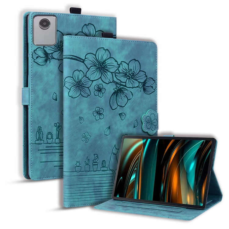For Lenovo Tab M11 / Xiaoxin Pad 11 2024 Cartoon Sakura Cat Embossed Leather Tablet Case(Green) - Lenovo by PMC TechLife | Online Shopping South Africa | PMC TechLife | Buy Now Pay Later Mobicred