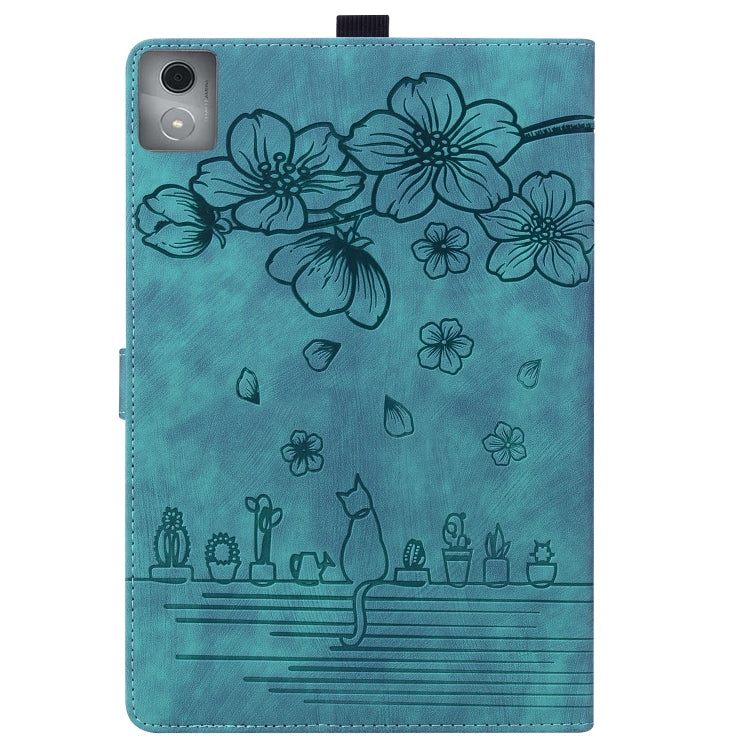 For Lenovo Tab K11 Plus / M11 Plus Cartoon Sakura Cat Embossed Leather Tablet Case(Green) - Lenovo by PMC TechLife | Online Shopping South Africa | PMC TechLife | Buy Now Pay Later Mobicred