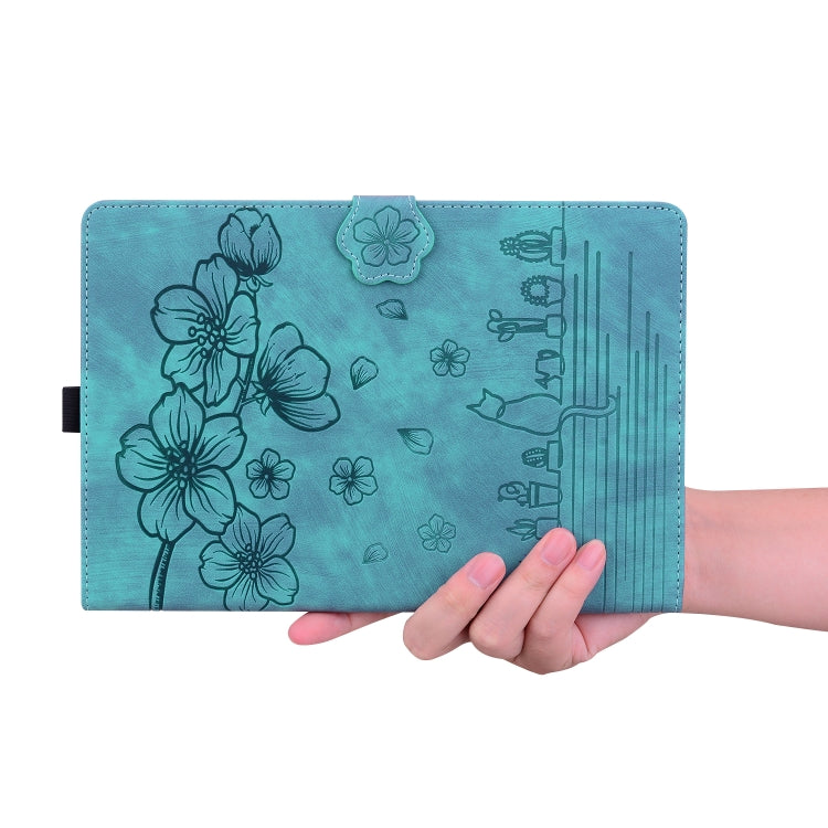 For Lenovo Tab K11 Plus / M11 Plus Cartoon Sakura Cat Embossed Leather Tablet Case(Green) - Lenovo by PMC TechLife | Online Shopping South Africa | PMC TechLife | Buy Now Pay Later Mobicred