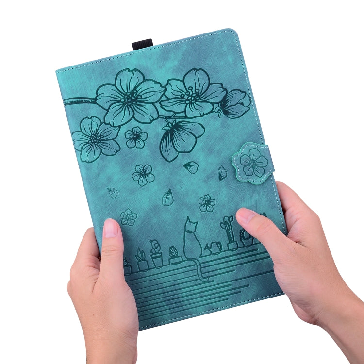 For Lenovo Tab K11 Plus / M11 Plus Cartoon Sakura Cat Embossed Leather Tablet Case(Green) - Lenovo by PMC TechLife | Online Shopping South Africa | PMC TechLife | Buy Now Pay Later Mobicred