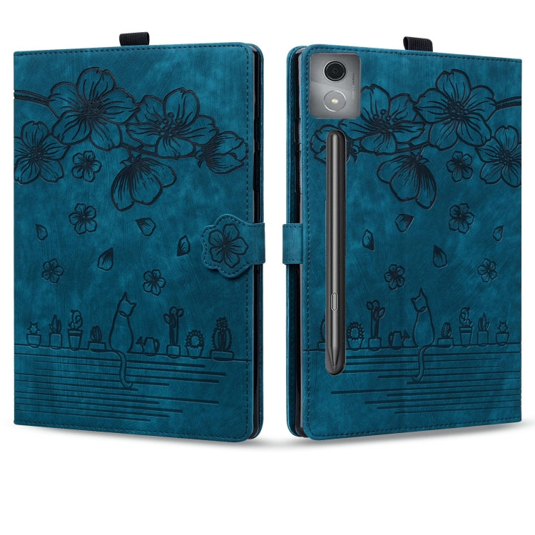 For Lenovo Xiaoxin Pad Pro 12.7 2025 Cartoon Sakura Cat Embossed Leather Tablet Case(Blue) - Lenovo by PMC TechLife | Online Shopping South Africa | PMC TechLife | Buy Now Pay Later Mobicred