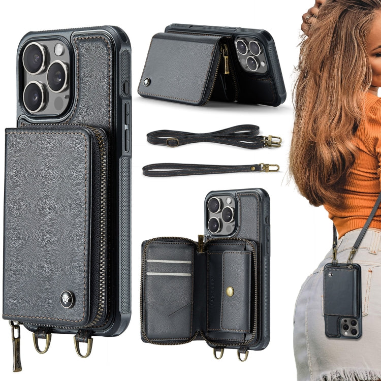 For iPhone 16 Pro JEEHOOD C22 Series Zipper Wallet Leather Phone Case with Dual Lanyard(Black) - free shipping - PMC Jewellery - Order now!