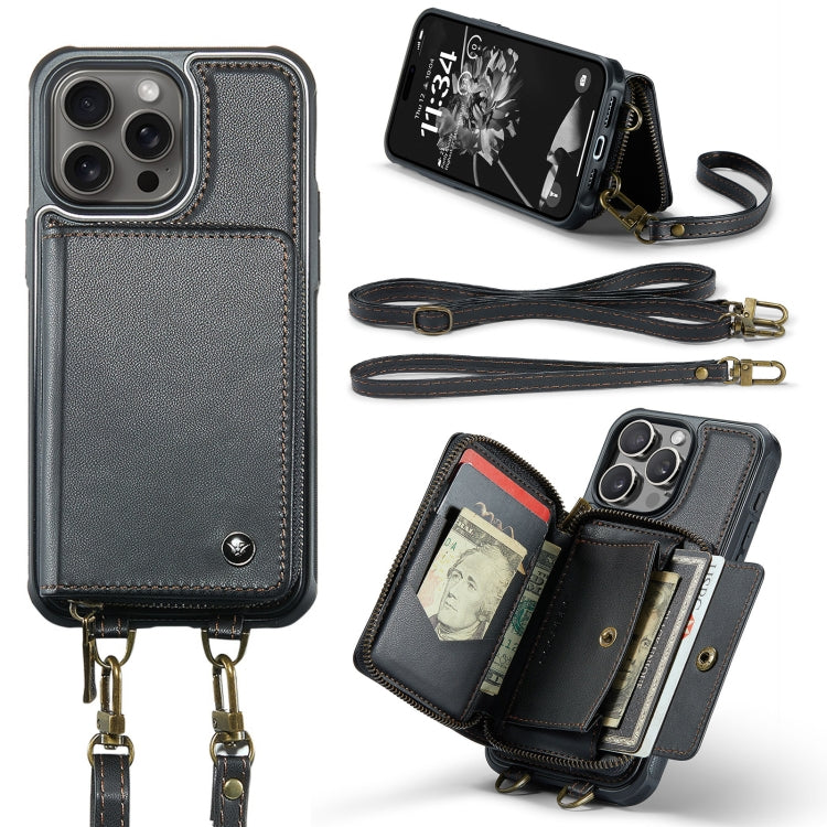 For iPhone 16 Pro JEEHOOD C22 Series Zipper Wallet Leather Phone Case with Dual Lanyard(Black) - free shipping - PMC Jewellery - Order now!
