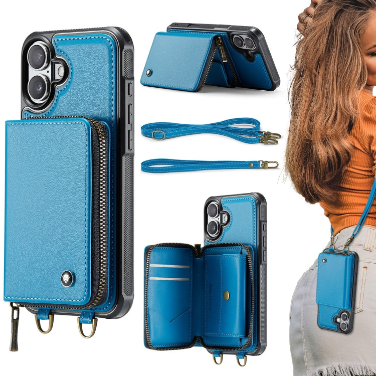 For iPhone 16 Plus JEEHOOD C22 Series Zipper Wallet Leather Phone Case with Dual Lanyard(Blue) - iPhone 16 Plus Cases by JEEHOOD | Online Shopping South Africa | PMC Jewellery | Buy Now Pay Later Mobicred