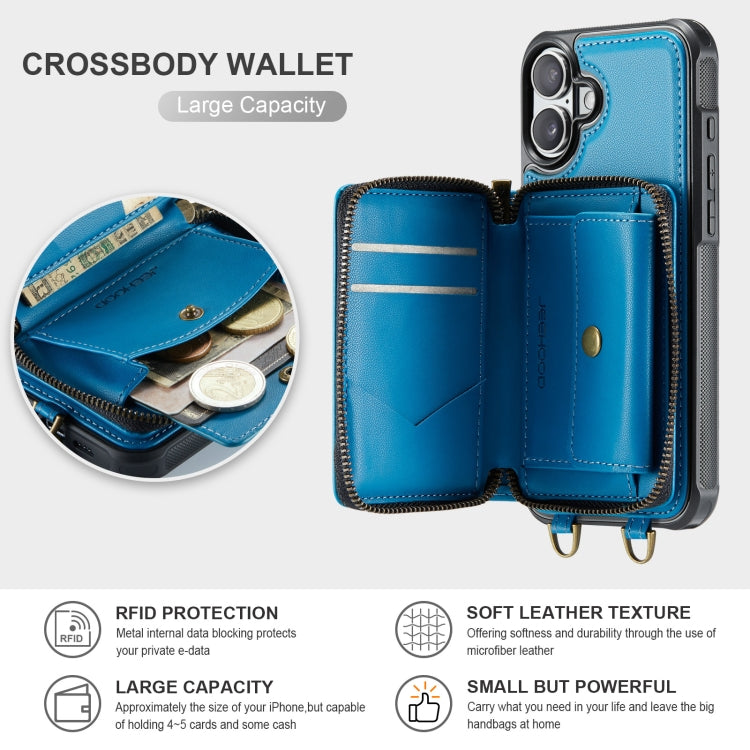 For iPhone 16 Plus JEEHOOD C22 Series Zipper Wallet Leather Phone Case with Dual Lanyard(Blue) - iPhone 16 Plus Cases by JEEHOOD | Online Shopping South Africa | PMC Jewellery | Buy Now Pay Later Mobicred