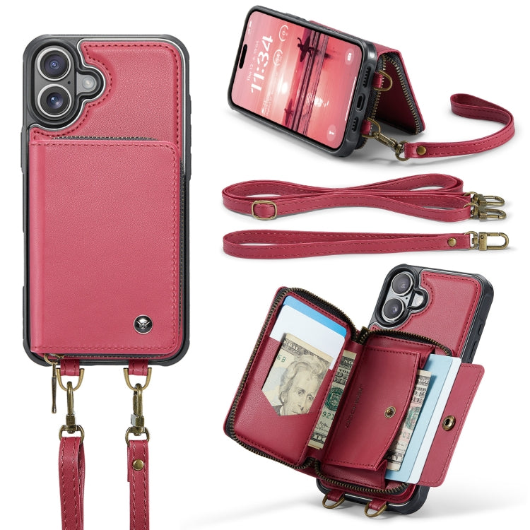 For iPhone 16 Plus JEEHOOD C22 Series Zipper Wallet Leather Phone Case with Dual Lanyard(Red) - free shipping - PMC Jewellery - Order now!