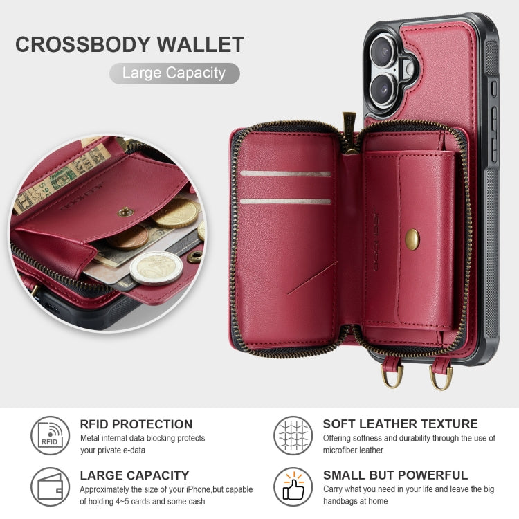 For iPhone 16 Plus JEEHOOD C22 Series Zipper Wallet Leather Phone Case with Dual Lanyard(Red) - iPhone 16 Plus Cases by JEEHOOD | Online Shopping South Africa | PMC Jewellery | Buy Now Pay Later Mobicred