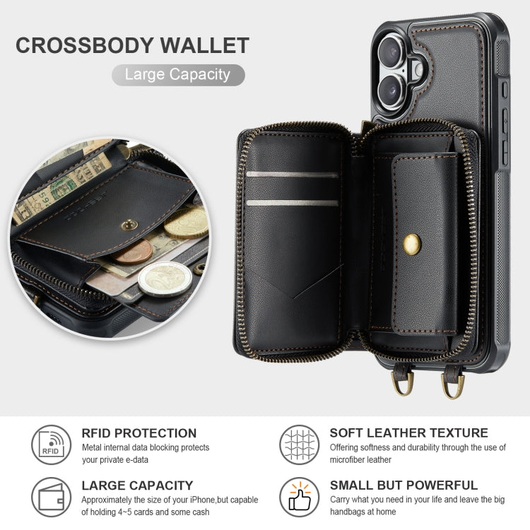 For iPhone 16 Plus JEEHOOD C22 Series Zipper Wallet Leather Phone Case with Dual Lanyard(Coffee) - free shipping - PMC Jewellery - Order now!