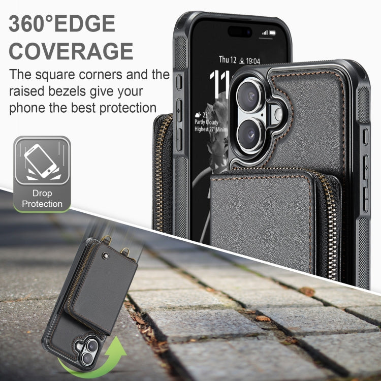 For iPhone 16 JEEHOOD C22 Series Zipper Wallet Leather Phone Case with Dual Lanyard(Black) - free shipping - PMC Jewellery - Order now!