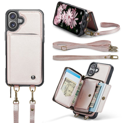 For iPhone 16 JEEHOOD C22 Series Zipper Wallet Leather Phone Case with Dual Lanyard(Rose Gold) - iPhone 16 Cases by JEEHOOD | Online Shopping South Africa | PMC Jewellery | Buy Now Pay Later Mobicred