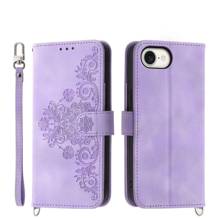 For iPhone 16e Skin-feel Flowers Embossed Wallet Leather Phone Case(Purple) - iPhone 16e Cases by PMC TechLife | Online Shopping South Africa | PMC TechLife | Buy Now Pay Later Mobicred